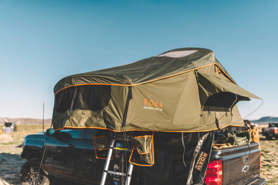 Roam Vagabond XL Rooftop Tent on the bed of a Chevy truck