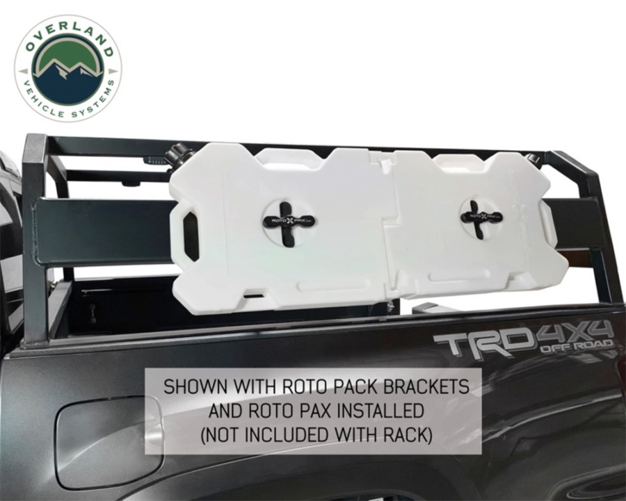 OVS Discovery Rack with Side Cargo Plates, With Front Cargo Tray System Kit Mid Size Truck Short Bed Application shown with Roto Pack Brackets